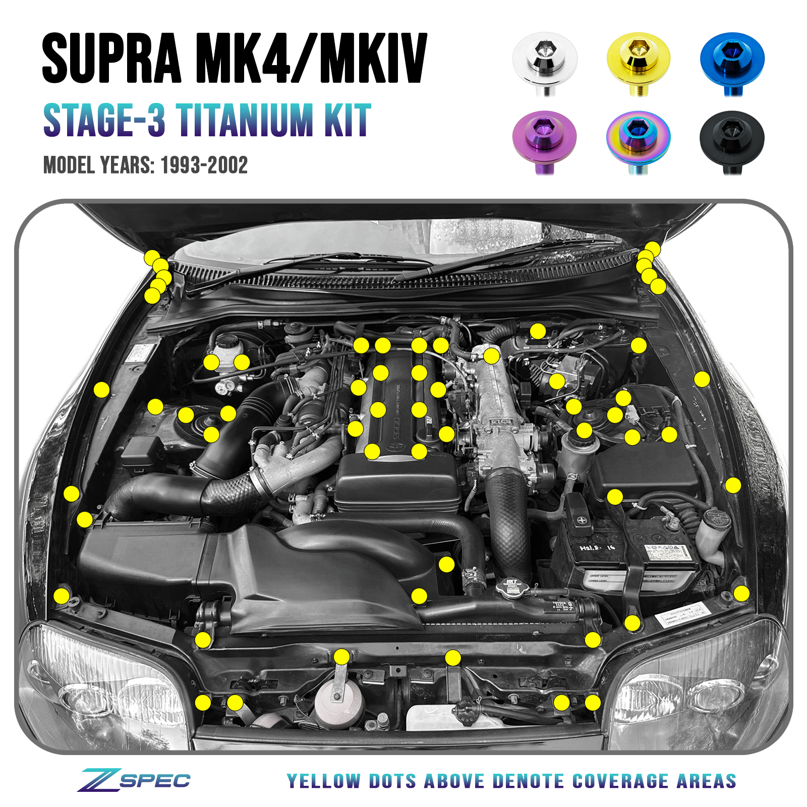 ZSPEC "Stage 3" Dress Up Bolts® Fastener Kit for '93-02 Toyota Supra MKIV, Titanium