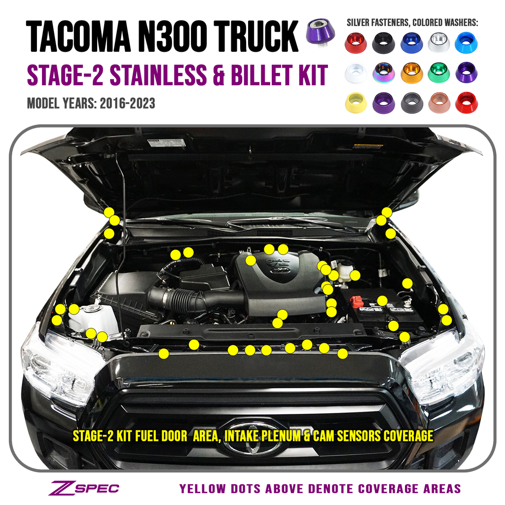 ZSPEC "Stage 2" Dress Up Bolts® Fastener Kit for '16-23 Toyota Tacoma N300, Stainless & Billet