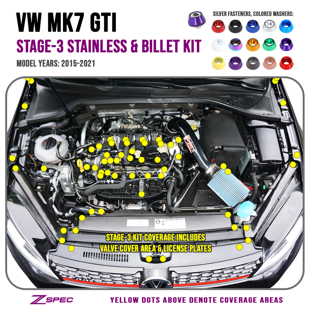 ZSPEC "Stage 3" Dress Up Bolts® Fastener Kit for '15+ VW Golf GTI 2.0L MK7, Stainless & Billet