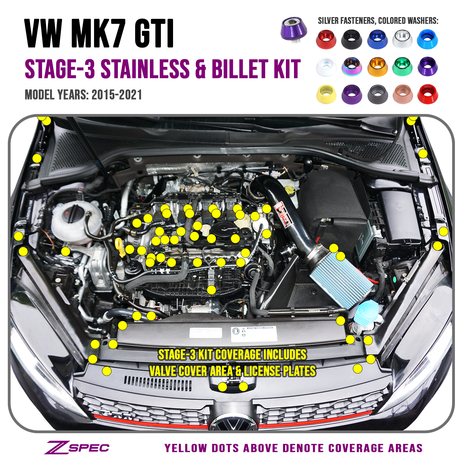 ZSPEC "Stage 3" Dress Up Bolts® Fastener Kit for '15+ VW Golf GTI 2.0L MK7, Stainless & Billet