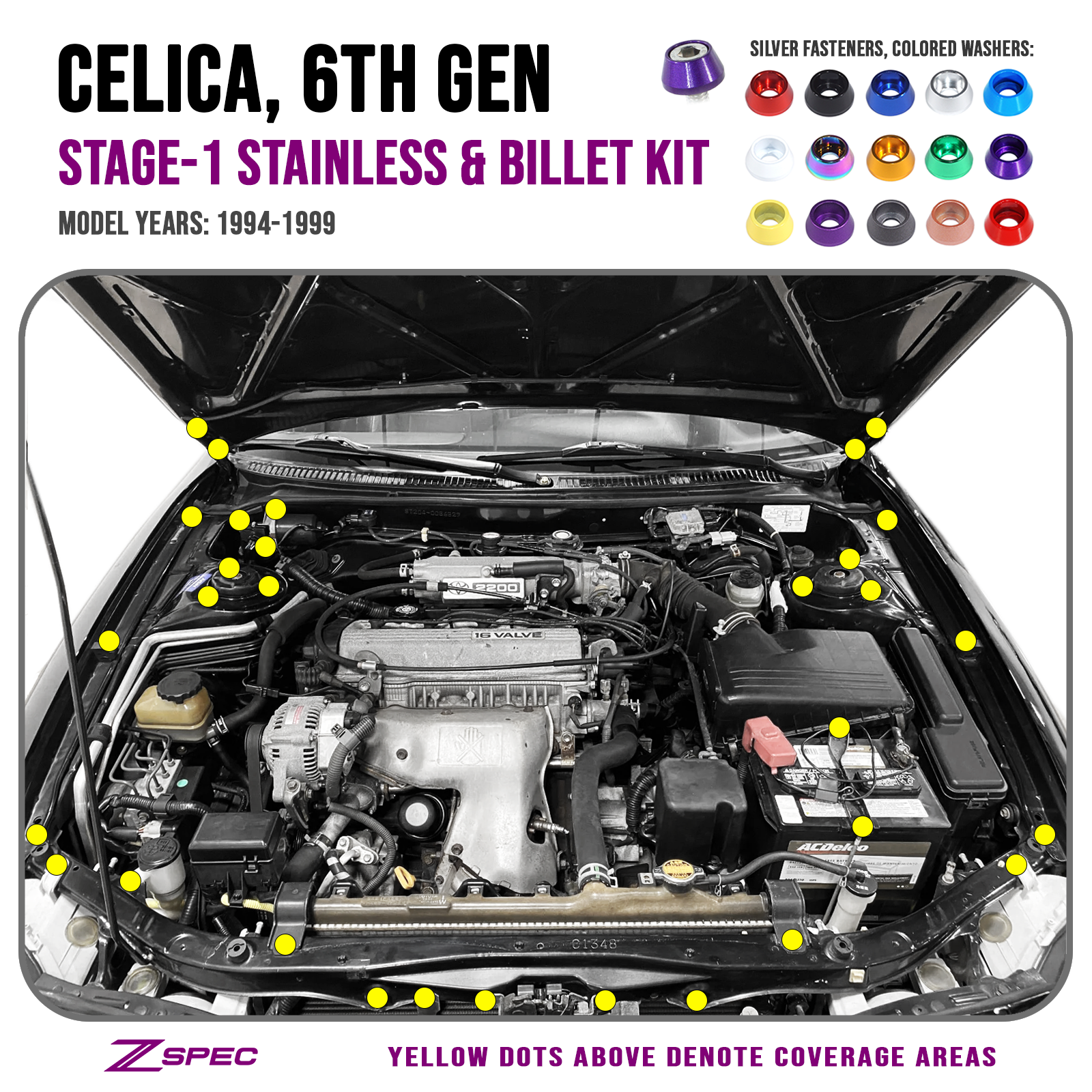 ZSPEC "Stage 1" Dress Up Bolts® Fastener Kit for '94-99 Toyota Celica, Stainless & Billet