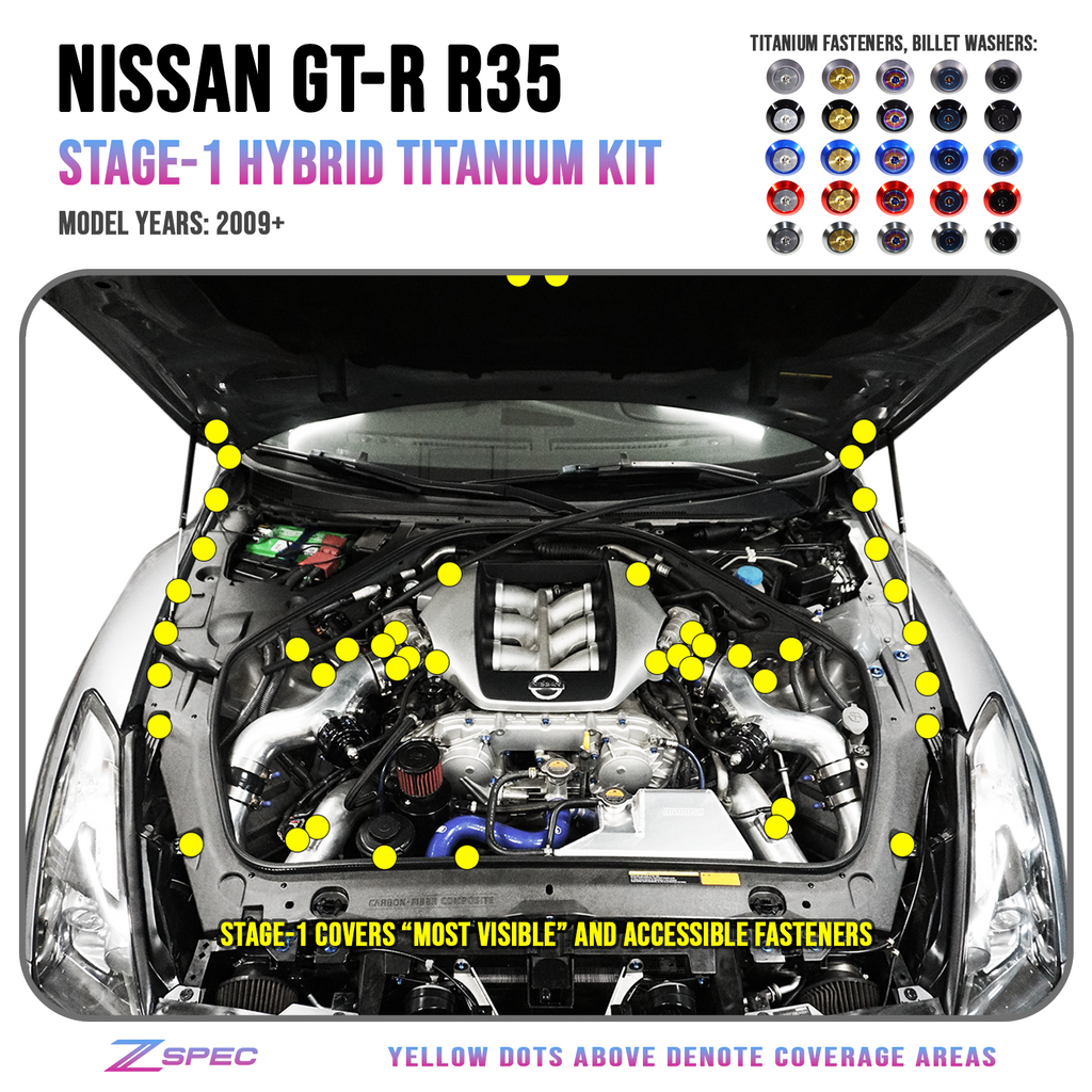 ZSPEC "Stage 1" Dress Up Bolts® Fastener Kit for '09-23 Nissan GTR (R35), Titanium & Billet