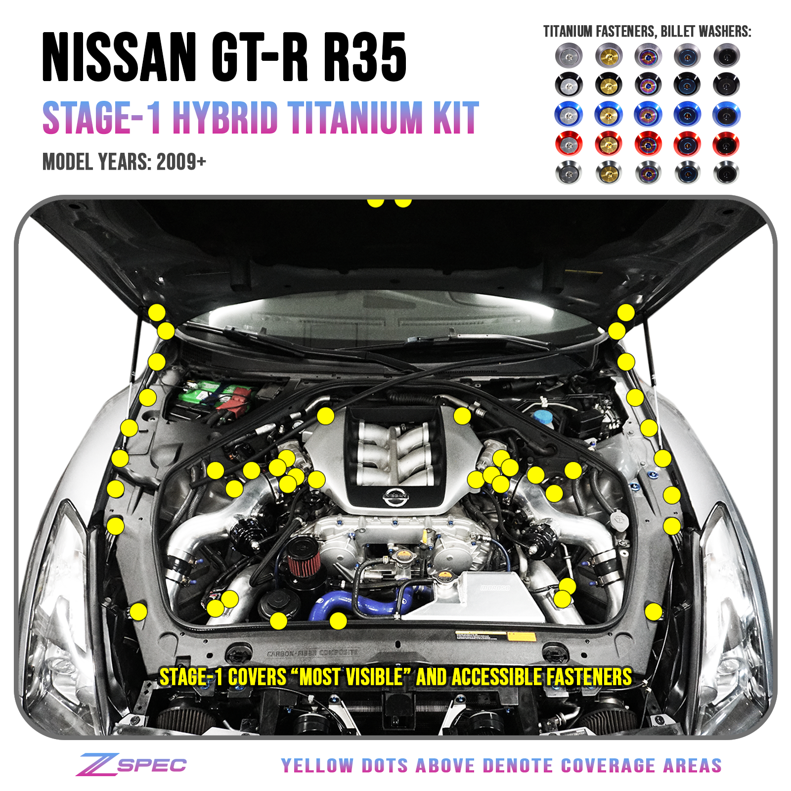 ZSPEC "Stage 1" Dress Up Bolts® Fastener Kit for '09-23 Nissan GTR (R35), Titanium & Billet