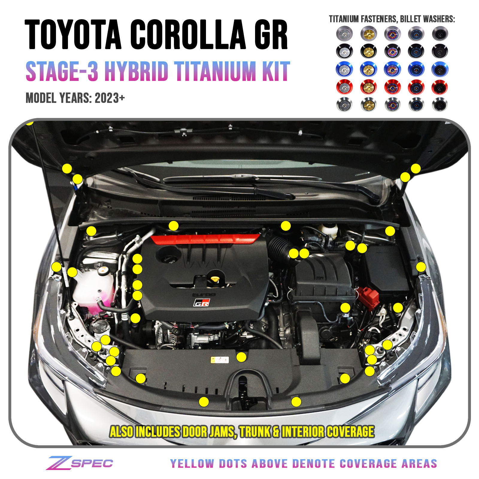 ZSPEC Stage-3 Dress Up Bolts® Fastener Kit for the GR Corolla, Titanium & Billet Hardware