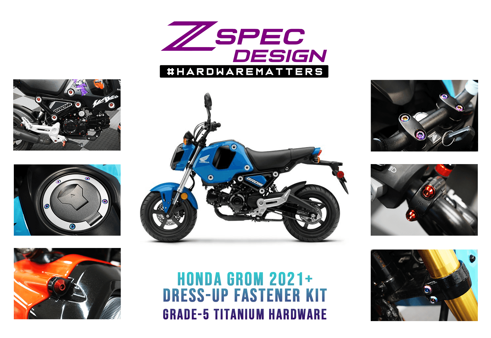ZSPEC Dress-Up Bolts® Hardware Kit for the 2021+ Honda Grom Platform, Titanium