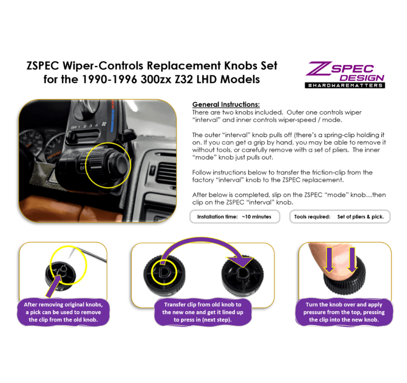 ZSPEC LHD Wiper Control Knobs for '90+ Nissan 300zx Z32, Mode & Interval Knobs