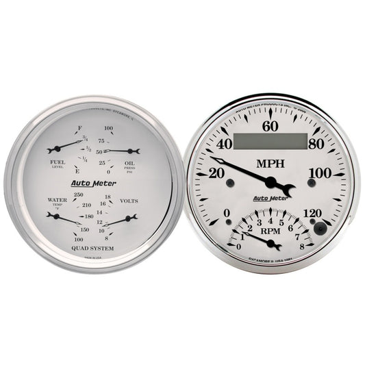 AutoMeter Gauge Kit 2 Pc. Quad & Tach/Speedo 3-3/8in. Old Tyme White AutoMeter Gauges