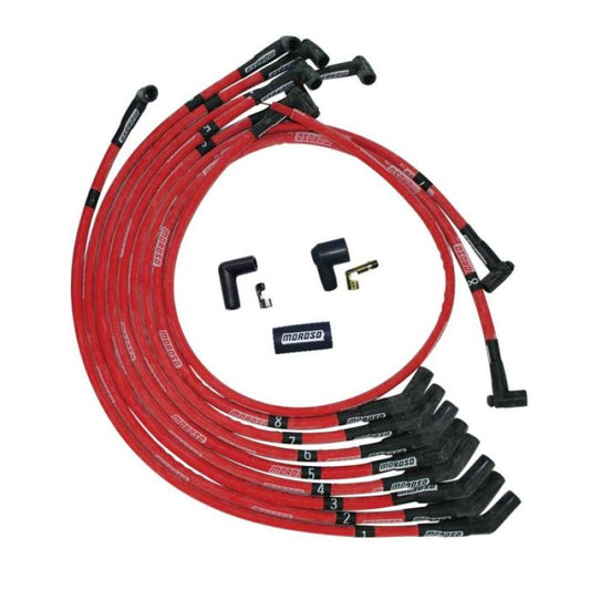 Moroso SB Ford 351W 135 Deg Plug Boots HEI Sleeved Ultra Spark Plug Wire Set - Red