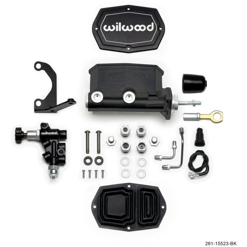 Wilwood Compact Tandem M/C - 15/16in Bore w/Bracket and Valve fits Mustang (Pushrod) - Black Wilwood Brake Master Cylinder