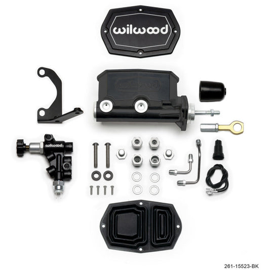 Wilwood Compact Tandem M/C - 15/16in Bore w/Bracket and Valve fits Mustang (Pushrod) - Black Wilwood Brake Master Cylinder