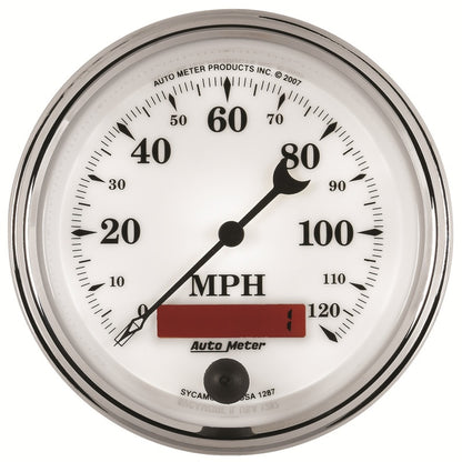 AutoMeter Gauge Speedometer 3-3/8in. 120MPH Elec. Prog. W/ Lcd Odo Old Tyme Wht II AutoMeter Gauges