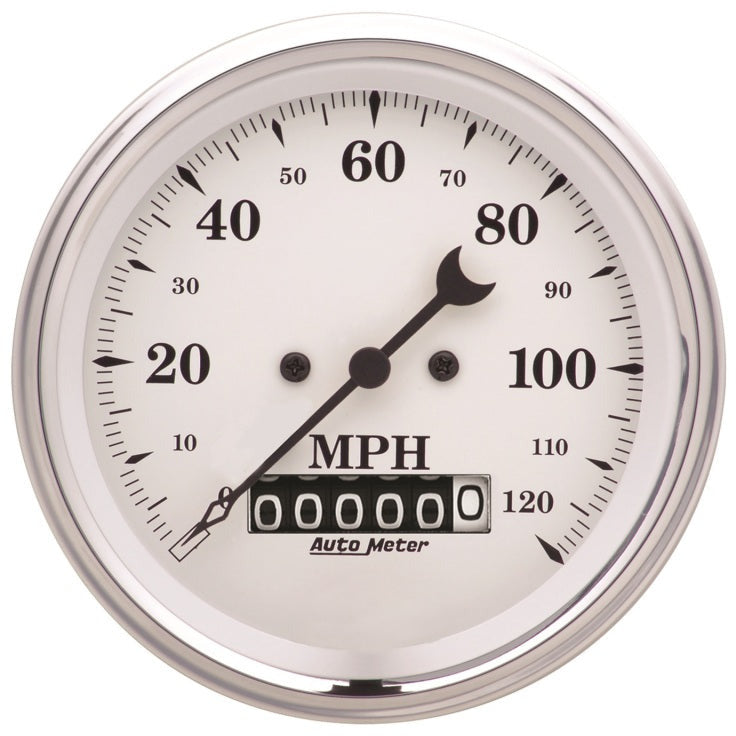 AutoMeter Gauge Speedo. 3-3/8in. 120MPH Elec. Prog. W/ Wheel Odo Old Tyme White AutoMeter Gauges