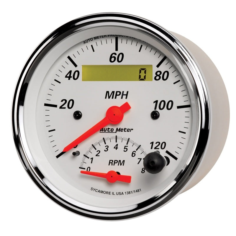 AutoMeter Gauge Tach/Speedo 3-3/8in. 120MPH & 8K RPM Elec. Program. Arctic White AutoMeter Gauges