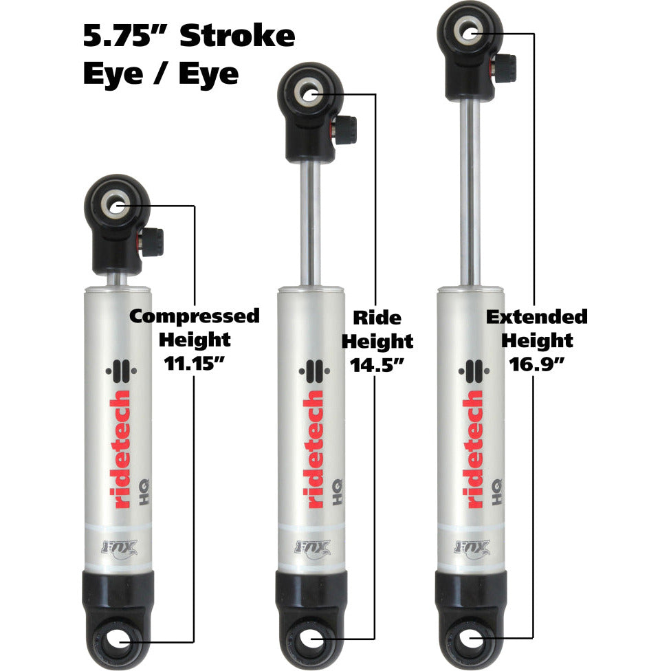 Ridetech HQ Series Shock Absorber Single Adjustable 5.75in Stroke Eye/Eye Mounting 11.15in x 16.9in Ridetech Shocks and Struts