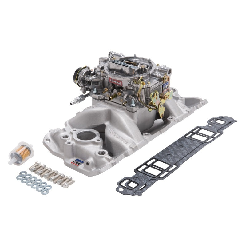 Edelbrock Manifold And Carb Kit Performer Air-Gap Small Block Chevrolet 1957-1986 Natural Finish