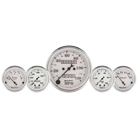 AutoMeter Gauge Kit 5 Pc. 3-1/8in. & 2-1/16in. Mech. Speedo. Wtmp & Oilp Old Tyme Wht AutoMeter Gauges