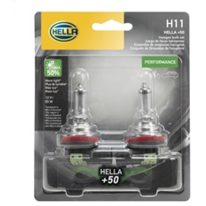 Hella H11 12V 55W PGJ19-2 T4 +50 Performance Halogen Bulb - Pair Hella Bulbs