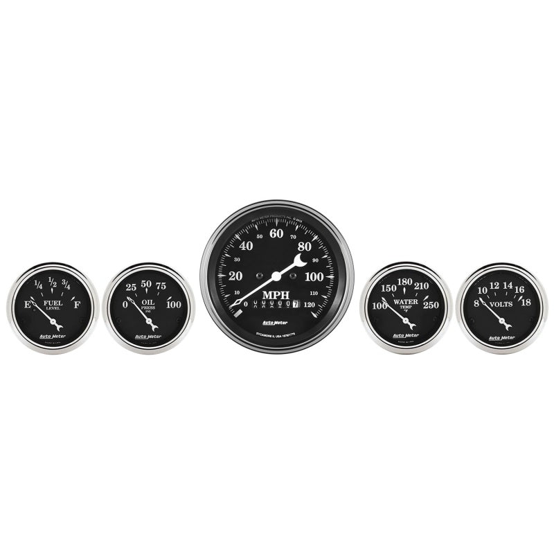 Auto Meter Gauge Kit 5 pc. 3 3/8in & 2 1/16in Elec. Speedometer Old Tyme Black AutoMeter Gauges