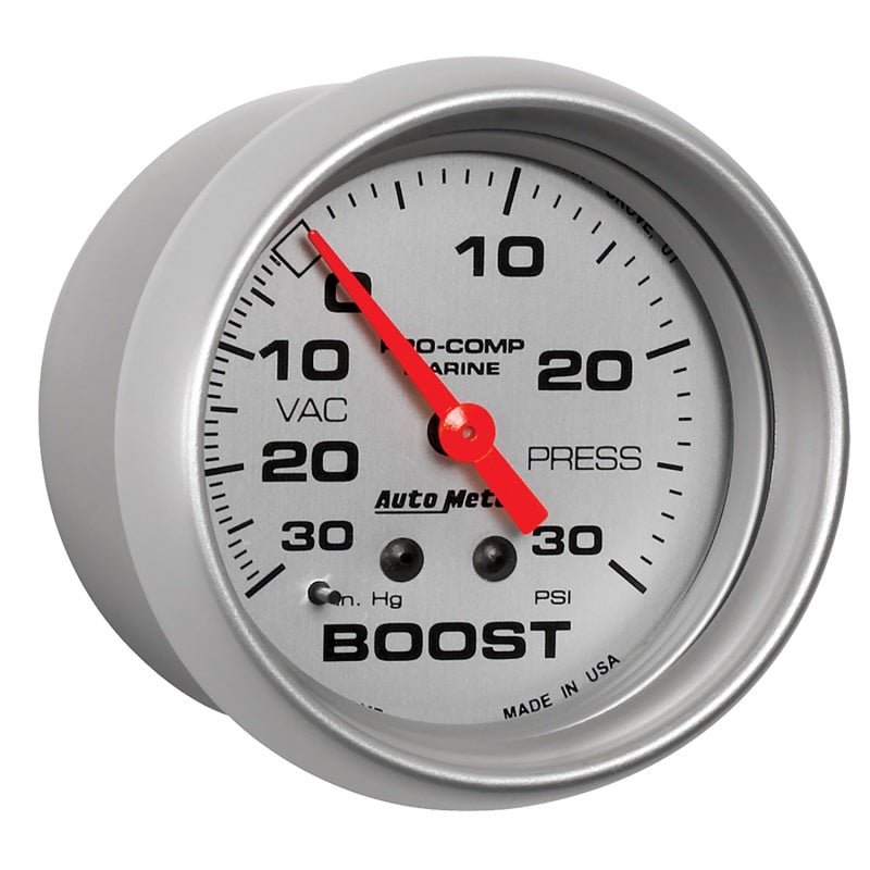AutoMeter Marine Vac/Boost Gauge 2 5/8in  30INHG 30PSI Mechanical- Silver AutoMeter Gauges