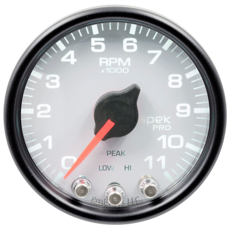 Autometer Spek-Pro Gauge Tach 2 1/16in 11K Rpm W/ Shift Light & Peak Mem Wht/Blk AutoMeter Gauges