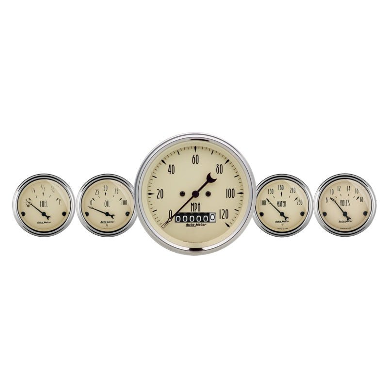 Autometer Antique Beige 5 Piece Kit 3-3/8in & 2-1/16 Elec. Speedometer Gauges AutoMeter Gauges