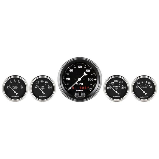 Auto Meter Gauge Kit 5 pc. 3 3/8in & 2 1/16in GPS Speedometer Old Tyme Black AutoMeter Gauges