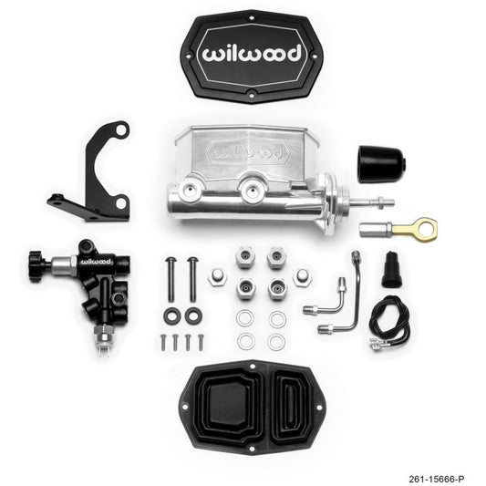 Wilwood Compact Tandem M/C - 1.12in Bore w/RH Bracket and Valve (Mustang Pushrod) - Ball Burnished Wilwood Brake Master Cylinder