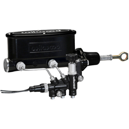 Wilwood HV Tandem M/C Kit w L/H Bracket & Prop Valve - 7/8in Bore Black-W/Push. - Early Mustang Wilwood Brake Master Cylinder