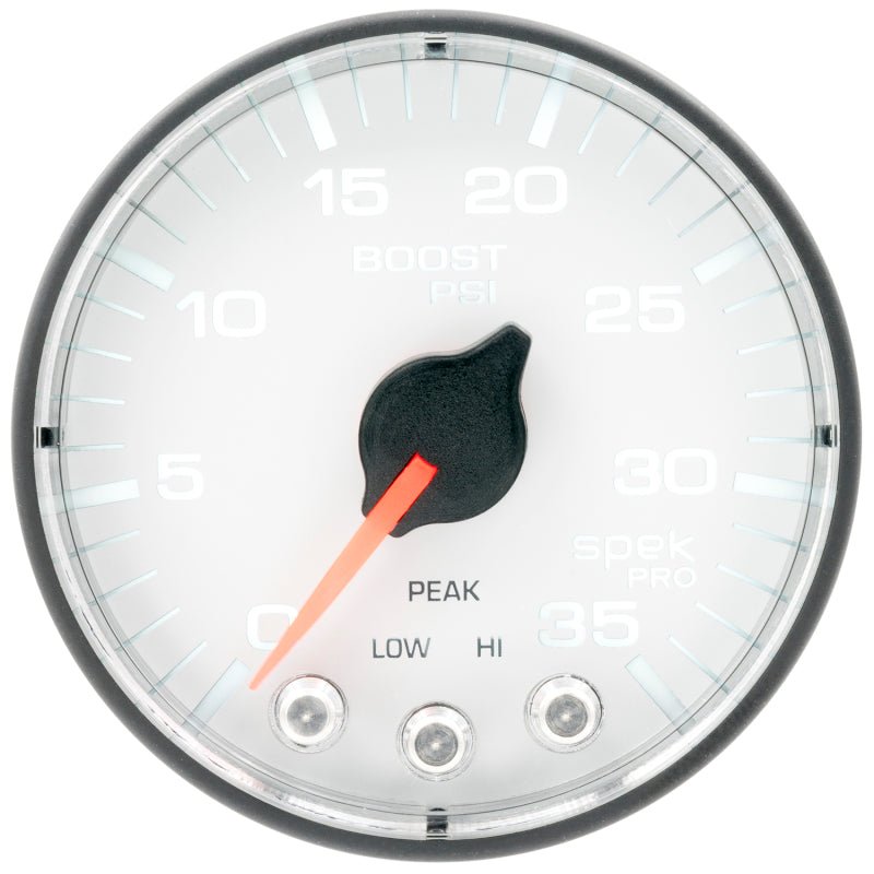 Autometer Spek-Pro 2 1/16in 35PSI Stepper Motor W/Peak & Warn White/Black Boost Gauge AutoMeter Gauges