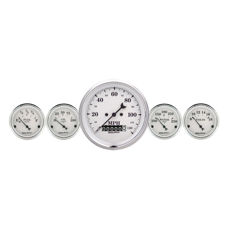 AutoMeter Gauge Kit 5 Pc. 3-3/8in. & 2-1/16in. Elec. Speedometer Old Tyme White AutoMeter Gauges