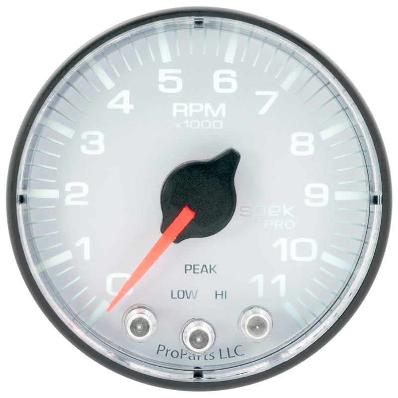 Autometer Spek-Pro Gauge Tach 2 1/16in 11K Rpm W/ Shift Light & Peak Mem Wht/Blk AutoMeter Gauges