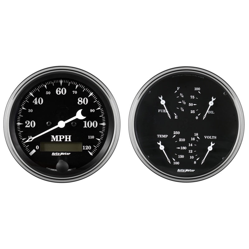 Auto Meter Gauge Kit 2 pc. Quad & Speedometer 5in Old Tyme Black AutoMeter Gauges