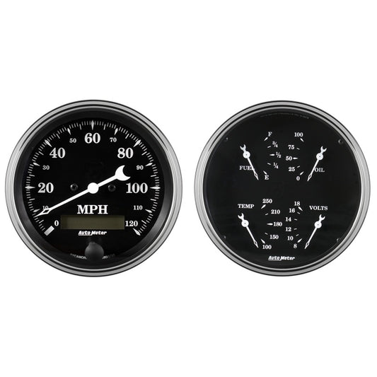 Auto Meter Gauge Kit 2 pc. Quad & Speedometer 5in Old Tyme Black AutoMeter Gauges