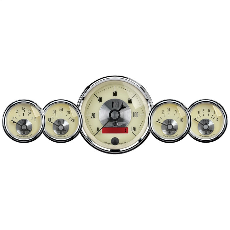 AutoMeter Gauge Kit 5 Pc. 3-3/8in. & 2-1/16in. Elec. Speedo W/Lcd Odo Prestige Antq. Ivory AutoMeter Gauges