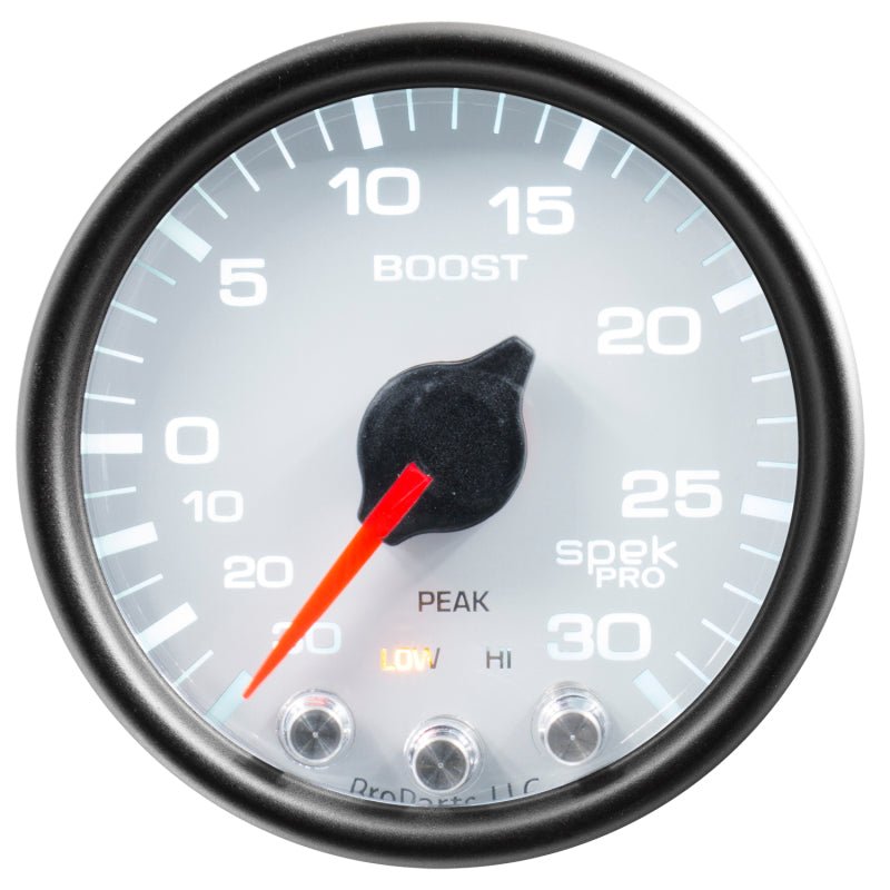 Autometer Spek-Pro Gauge Vac/Boost 2 1/16in 30Inhg-30psi Stepper Motor W/Peak & Warn White/Black AutoMeter Gauges
