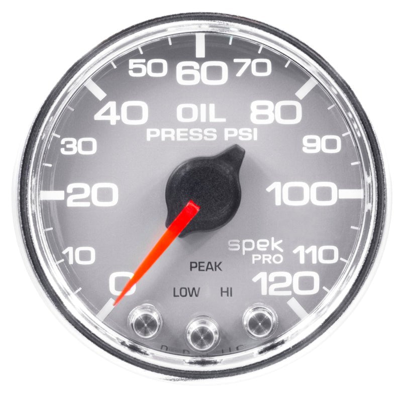 Autometer Spek-Pro Gauge Oil Press 2 1/16in 120psi Stepper Motor W/Peak & Warn Slvr/Chrm AutoMeter Gauges