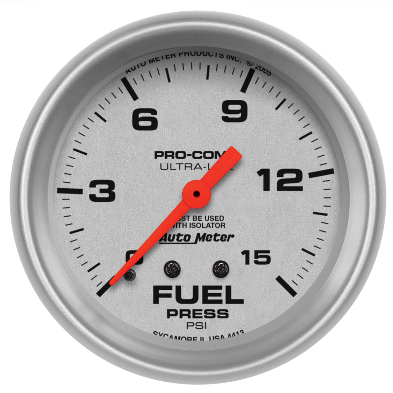 AutoMeter Gauge Fuel Pressure 2-5/8in. 15PSI Mechanical W/Isolator Ultra-Lite AutoMeter Gauges