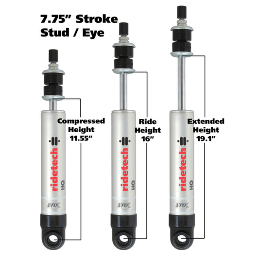 Ridetech HQ Series Shock Absorber Single Adjustable 7.55in Stroke Eye/Stud Mounting 11.55in x 19.1in Ridetech Shocks and Struts