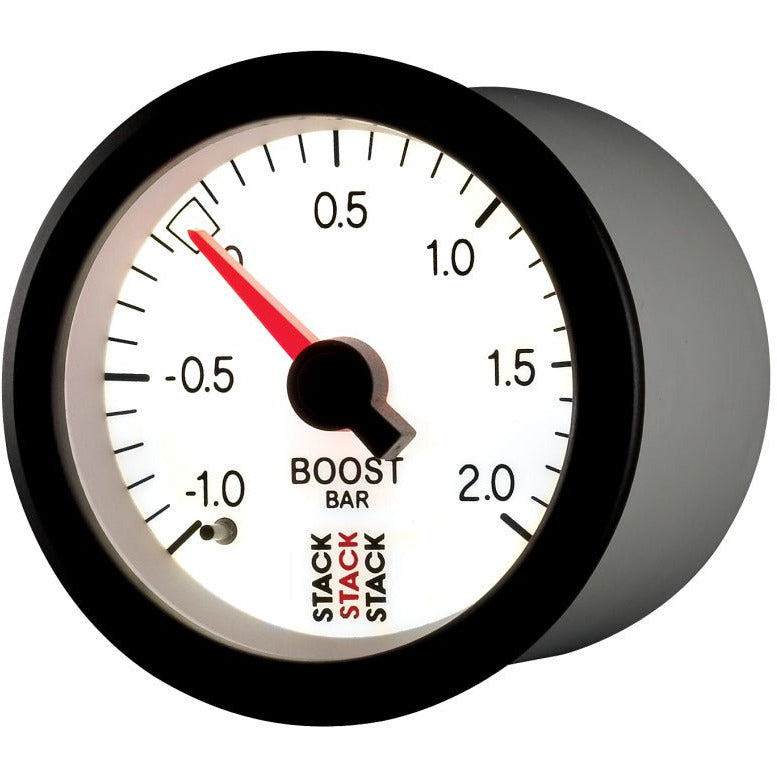 Autometer Stack 52mm -1 to +2 Bar T-Fitting 0.187in Barb (M) Mechanical Boost Pressure Gauge - White AutoMeter Gauges