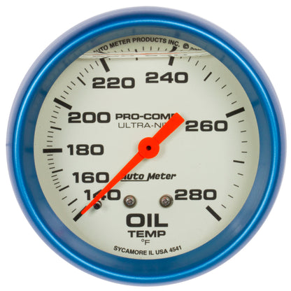 AutoMeter Gauge Oil Temp 2-5/8in. 140-280 Deg. F Liquid Filled Mech Glow In Dark Ultra-Nite AutoMeter Gauges