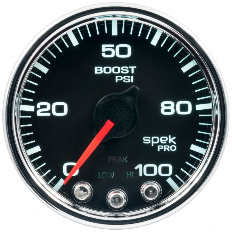 Autometer Spek-Pro Gauge Boost 2 1/16in 100psi Stepper Motor W/Peak & Warn Blk/Chrm AutoMeter Gauges