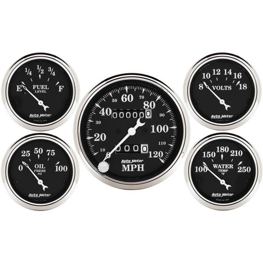 Auto Meter Gauge Kit 5 pc. 3 1/8in & 2 1/16in Mechanical Speedometer Old Tyme Black AutoMeter Gauges