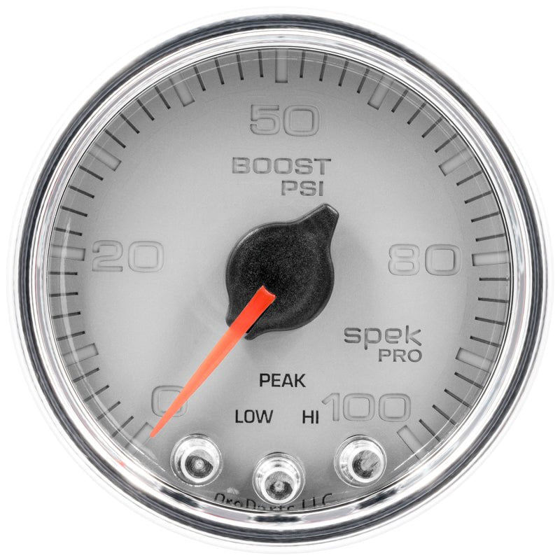 Autometer Spek-Pro Gauge Boost 2 1/16in 100psi Stepper Motor W/Peak & Warn Slvr/Chrm AutoMeter Gauges