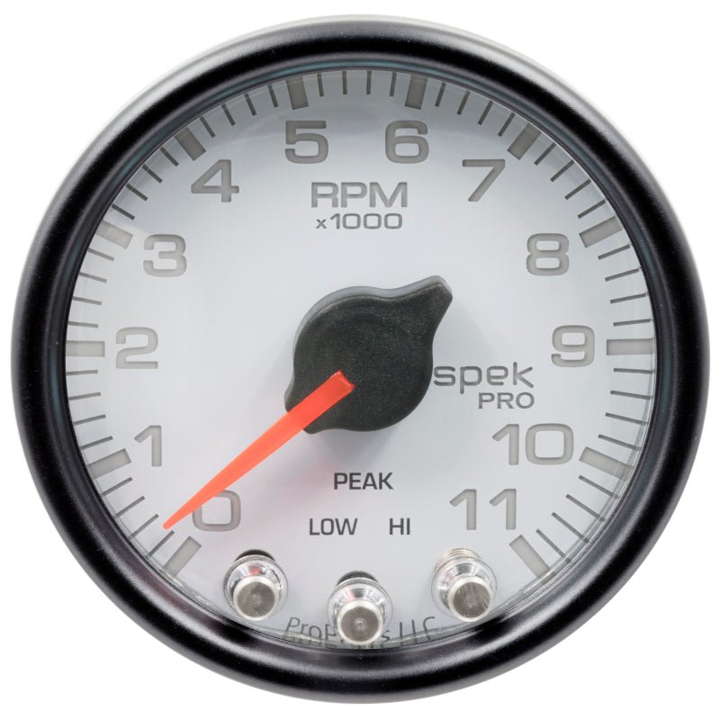 Autometer Spek-Pro Gauge Tach 2 1/16in 11K Rpm W/ Shift Light & Peak Mem Wht/Blk AutoMeter Gauges