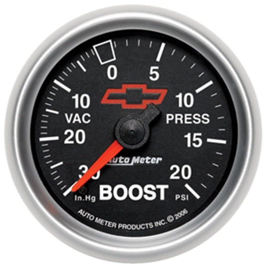 Autometer GM Bowtie Black 2-1/16in Boost/Vacuum 30in HG - 20 PSI Mechanical AutoMeter Gauges