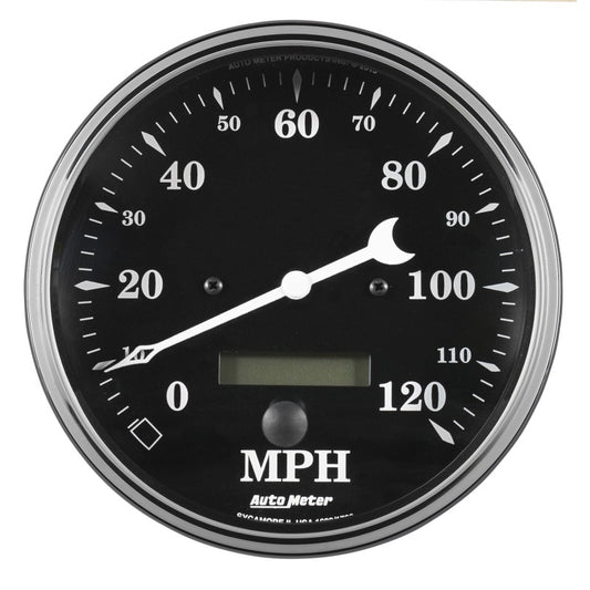 Auto Meter Gauge Speedo. 5in 120mph Elec. Prog. w/ LCD Odo Old Tyme Black AutoMeter Gauges