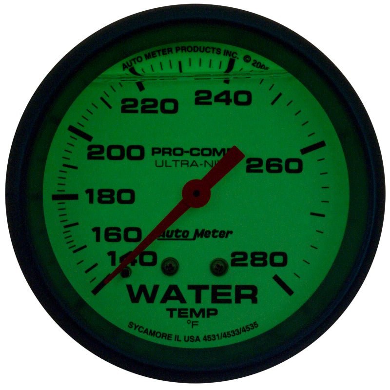 Autometer Ultra-Nite 2-5/8in 140-280 Degree Liquid Filled Mechanical Glow In Dark Water Temp Gauge AutoMeter Gauges