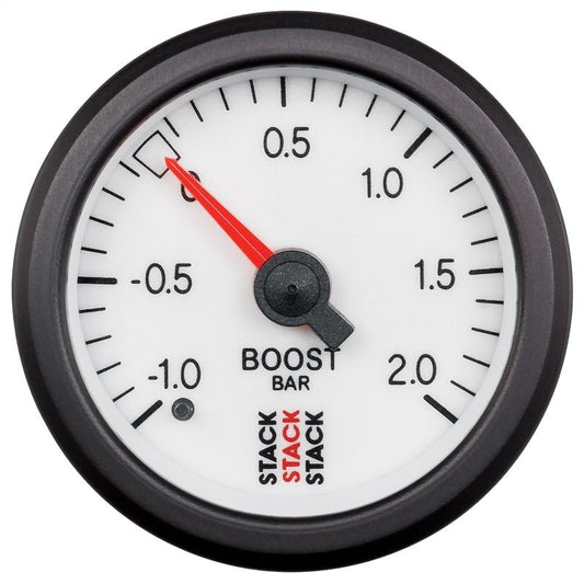 Autometer Stack 52mm -1 to +2 Bar T-Fitting 0.187in Barb (M) Mechanical Boost Pressure Gauge - White AutoMeter Gauges