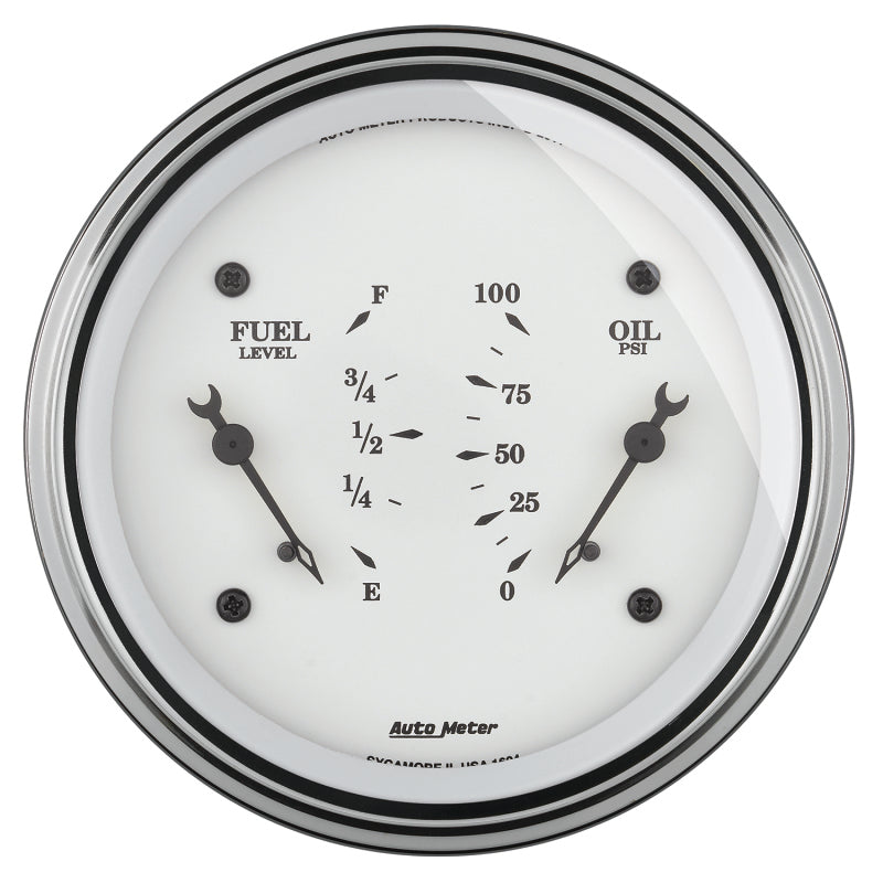 AutoMeter Gauge Dual Fuel & Oilp 3-3/8in. 0 Ohm(e) to 90 Ohm(f)& 100PSI Elec Old Tyme White AutoMeter Gauges