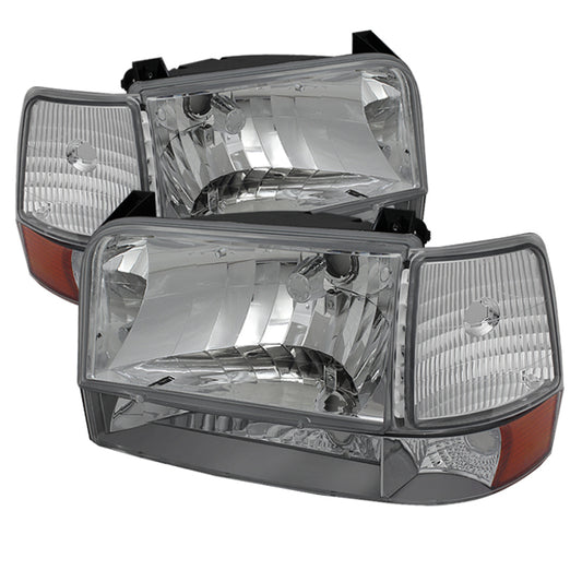 Xtune Ford F150/Bronco 92-96 Headlights w/Corner Bumper 6pcs Amber- Chrome HD-JH-FB92-SET-AM-C SPYDER Headlights